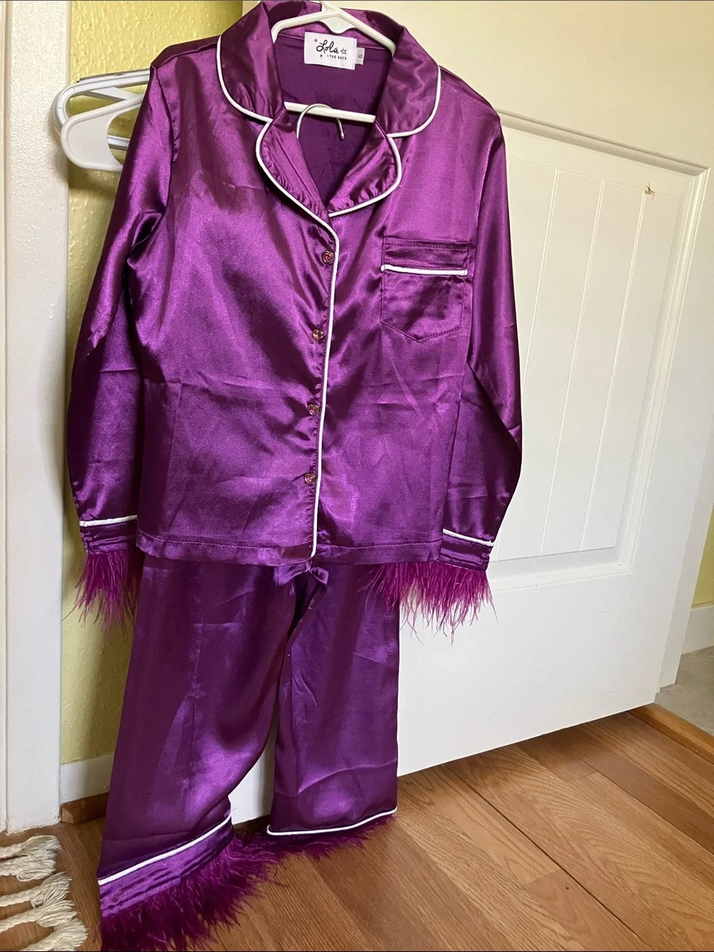 Lola + The Boys Purple Satin Pajama Set with Feather Trim